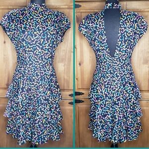 Vintage A.J Bari Tiered Skirt Ribbon Print Dress